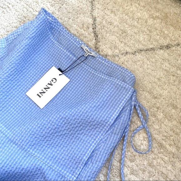 NWT GANNI Charron Asymmetric Wrap Midi Skirt Light Blue Gingham Size 4 - Picture 7 of 12